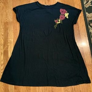 Womens Dress Black with Pink Roses Applique Bohemian Beautiful #VA1